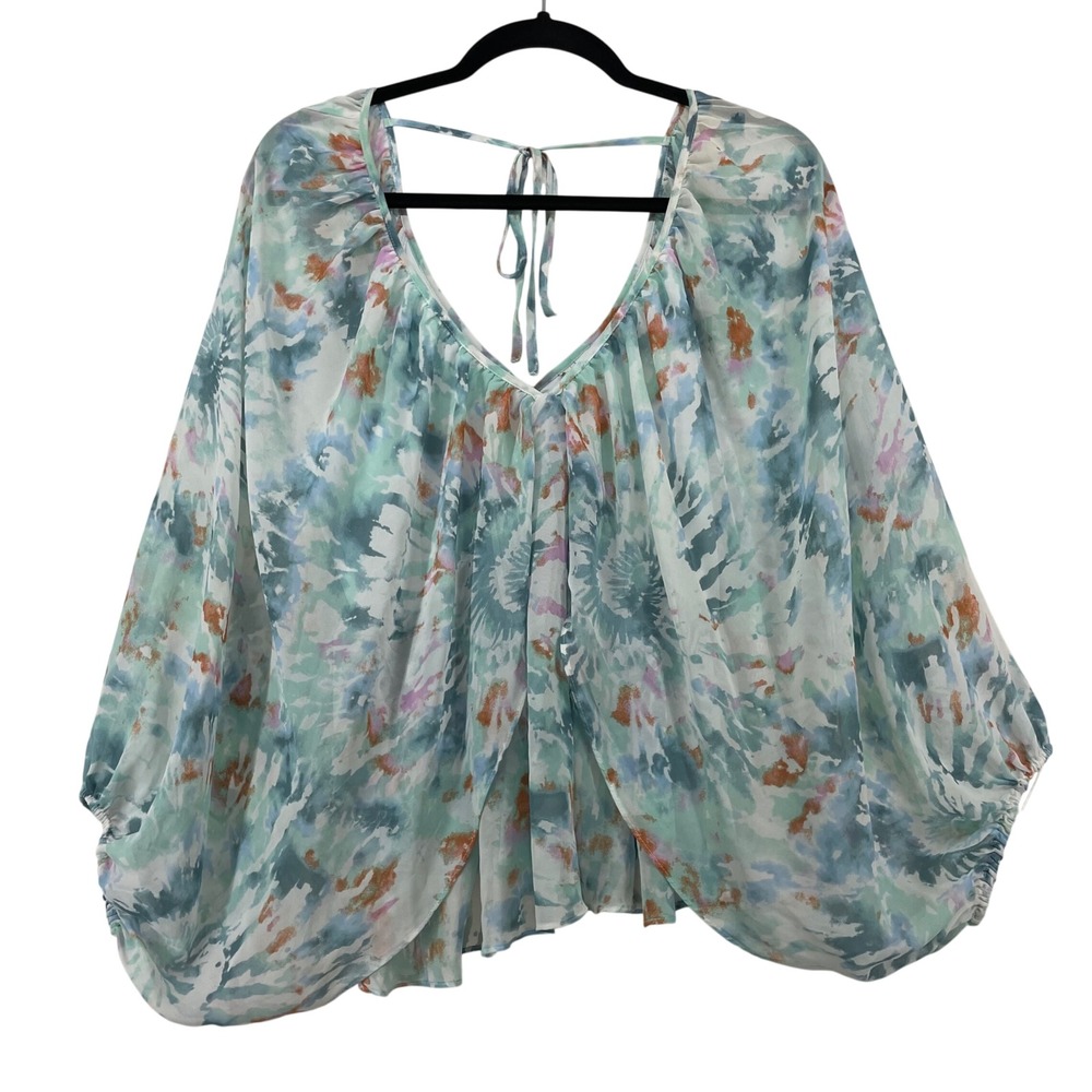 Cato Size Large Blouse Blue Tie Dye Top Back Tie Dolman Statement Sleeve‎ Women